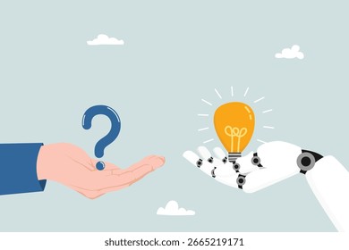 Inteligência artificial AI para ajudar a resolver problema, chatbot ou aprendizagem de máquina para responder a pergunta difícil, serviço de assistência, tecnologia para ajudar o conceito, mão humana com ponto de interrogação e resposta de IA.