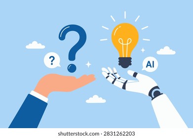 Artificial intelligence AI to help solve problem, chatbot or machine learning to answer hard question, assistance service, technology to help concept, huma vector