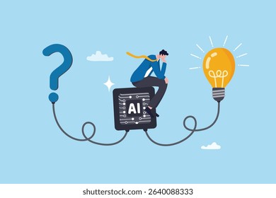 Artificial Intelligence, AI to help solving problem, innovation to develop idea, solution or automation, AI support or advice concept, businessman on AI chip help solving problem with lightbulb idea.