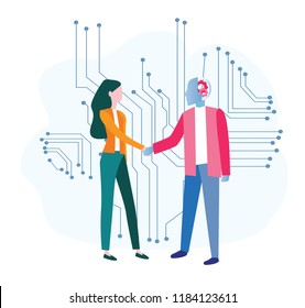 Artificial intelligence, AI with high technology, Vector illustration. Symbol of future cooperation, technology advance, innovation. big data and VR, ai robot handshake with human, business, startup.