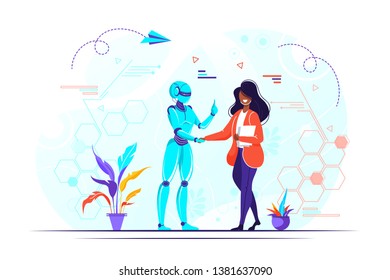 Artificial intelligence, AI with high technology, Vector illustration. Symbol of future cooperation, technology advance, innovation. big data and VR, ai robot handshake with human, business, startup.