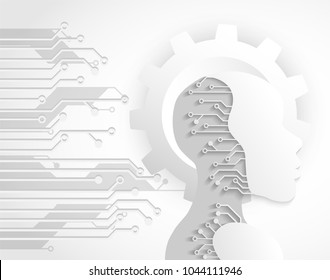 Artificial intelligence. a.i. Human head outline with  gear wheel technology  and circuit board. Futuristic clean technology engineering concept, white background .vector
