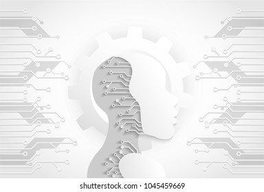 Artificial intelligence. a.i. Human head outline with  gear wheel technology  and circuit board. Futuristic clean technology engineering concept, white background .vector