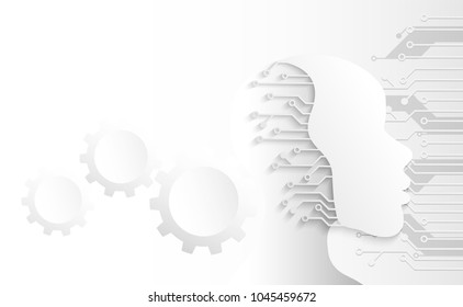 Artificial intelligence. a.i. Human head outline with  gear wheel technology  and circuit board. Futuristic clean technology engineering concept, white background .vector