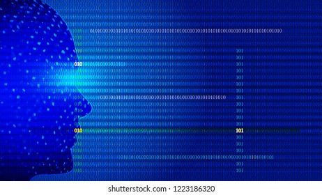 Artificial intelligence, AI, human head contours. Binary computer code background 01 Numbers.