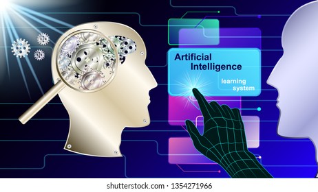 Artificial intelligence, Ai. The human mechanical brain in the form of gears in profile. Metal human head side view under the study of magnifying glass. vector illustration.