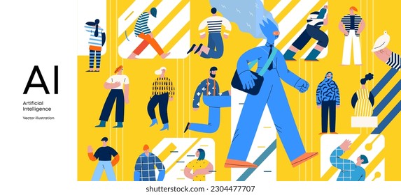 Artificial intelligence, AI and humanity -modern flat vector concept illustration of AI character walking among people in everyday life. Metaphor of AI advantage, benefit, friendliness concept