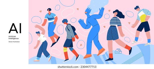 Artificial intelligence, AI and humanity -modern flat vector concept illustration of AI character walking among people in everyday life. Metaphor of AI advantage, benefit, friendliness concept