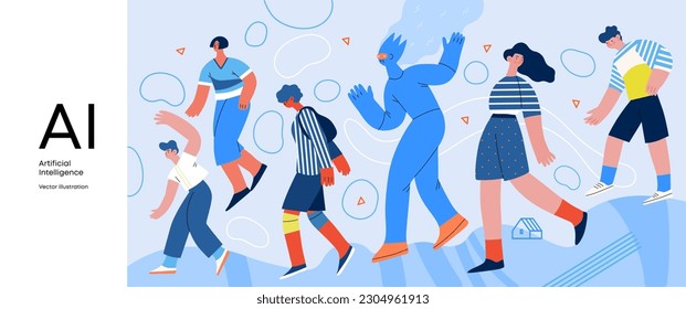 Artificial intelligence, AI and humanity -modern flat vector concept illustration of AI character walking among people in everyday life. Metaphor of AI advantage, benefit, friendliness concept