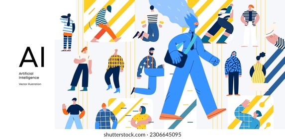 Artificial intelligence, AI and humanity -modern flat vector concept illustration of AI character walking among people in everyday life. Metaphor of AI advantage, benefit, friendliness concept