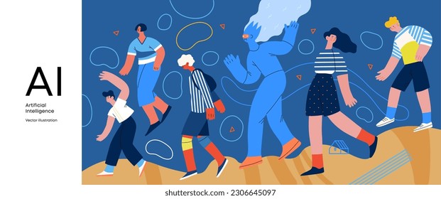 Artificial intelligence, AI and humanity -modern flat vector concept illustration of AI character walking among people in everyday life. Metaphor of AI advantage, benefit, friendliness concept