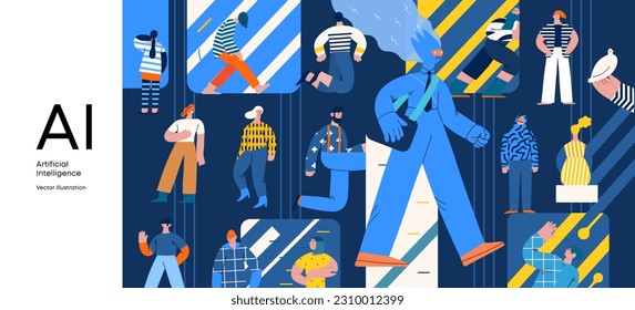 Artificial intelligence, AI and humanity -modern flat vector concept illustration of AI character walking among people in everyday life. Metaphor of AI advantage, benefit, friendliness concept