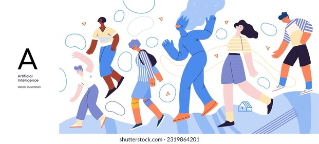 Artificial intelligence, AI and humanity -modern flat vector concept illustration of AI character walking among people in everyday life. Metaphor of AI advantage, benefit, friendliness concept