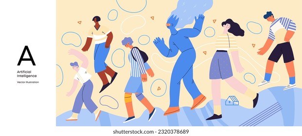 Artificial intelligence, AI and humanity -modern flat vector concept illustration of AI character walking among people in everyday life. Metaphor of AI advantage, benefit, friendliness concept