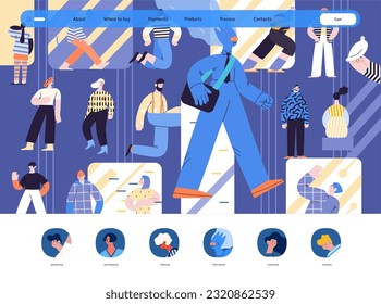 Artificial intelligence, AI and humanity -modern flat vector concept illustration of AI character walking among people in everyday life. Metaphor of AI advantage, benefit, friendliness concept