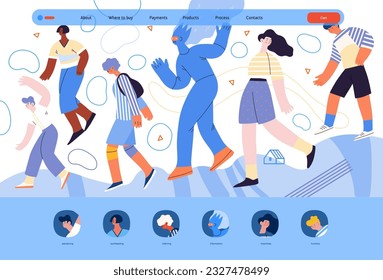 Artificial intelligence, AI and humanity -modern flat vector concept illustration of AI character walking among people in everyday life. Metaphor of AI advantage, benefit, friendliness concept