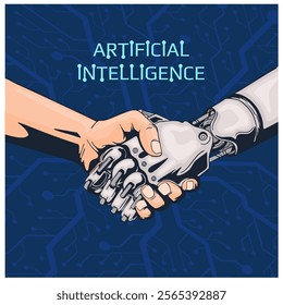 Artificial Intelligence AI and Humans. Business human and robot handshake.