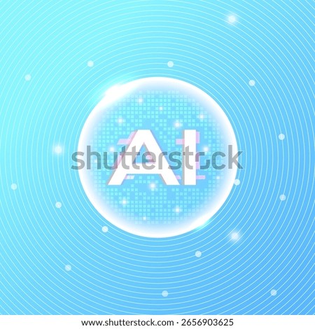 Artificial Intelligence (AI) icon inside a glowing digital sphere with radiant blue light and circular data waves. Perfect for futuristic tech design, AI, and innovation themes.