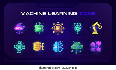 Artificial Intelligence (AI) icon set with Machine learning, Smart robotics, Cloud Computing, Digital Networks, Solving algorithm Ai technology-Vector Design