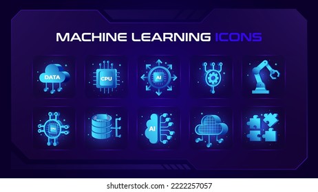 Conjunto de iconos de Inteligencia Artificial (AI) con Aprendizaje automático, robótica inteligente, computación en nube, redes digitales, algoritmo de resolución Ai tecnología-diseño vectorial