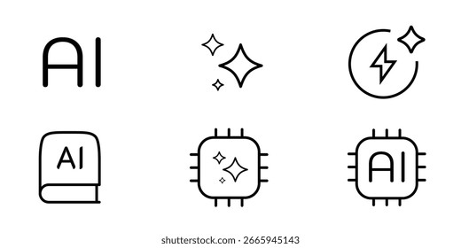 Un icono de Inteligencia Artificial (IA) en un estilo de arte lineal moderno. Una colección de símbolos de Vector simples y de línea delgada para conceptos tecnológicos. Incluye iconos para IA generativo, aprendizaje automático, procesadores.