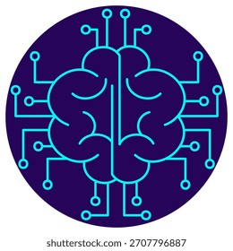 Ícone AI de Inteligência Artificial. Ilustração de linha fina de vetor em um plano de fundo azul escuro redondo. Simboliza a inteligência digital de um sistema que imita a estrutura e a função do cérebro humano