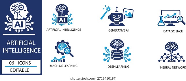 Artificial Intelligence AI Icons Data Science Machine Learning Set.AI, Data Science, Machine Learning, Icon, Vector, Technology and more.