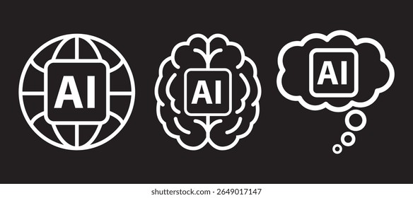Inteligência artificial ai ícones globo cérebro pensando imagem vetorial negativa