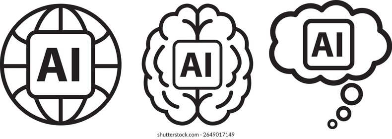 Inteligência artificial ai ícones globo cérebro pensando Vetor Imagem