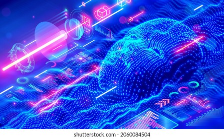 Inteligencia artificial o IA en la cabeza humanoide de imagen con cara antropomórfica analizando el flujo de grandes datos. Digital Brain es el aprendizaje de datos de procesamiento, información de análisis. Ilustración isométrica de IA.