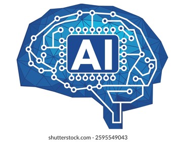 Artificial intelligence AI image illustration: human brain from the side, computer circuit diagram, wireframe, white background