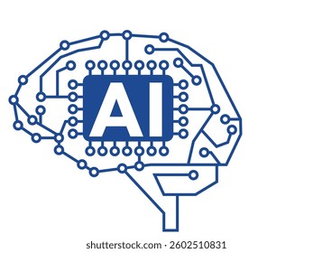 Artificial intelligence AI image illustration: human brain from the side, computer circuit diagram, wireframe, white background