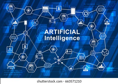 Artificial Intelligence (AI) infographic network concept. illustration showing connectivity between ai, Cybernetic Brain, human, smartphone, cloud computing, server and storage.