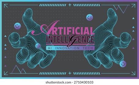 Artificial Intelligence AI innovation banner with cyan wireframe hands and neon typography in trendy Acid Graphics Y2K style. Futuristic cyberpunk 3D mesh background for digital technology concept