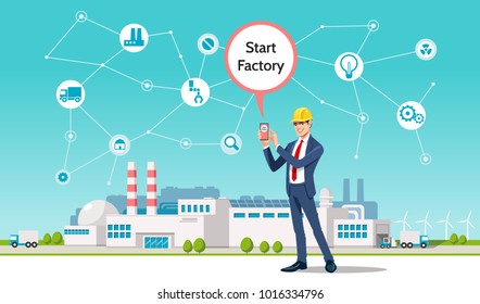 Artificial Intelligence AI, Internet of Things IoT. Business man using mobile smart phone on city background, omnichannel marketing, smart phone application, 4.0 industrial technology, remote control