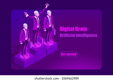 Artificial intelligence ai isometric concept. Can use for web banner, infographics, hero images. Flat isometric vector illustration isolated on blue violet neon background.