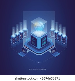 Künstliche Intelligenz KI isometrische Illustration mit Chip oder Prozessor, Gehirn neuronal, Big Data oder Datenbank, Datenverarbeitung, Programmierung analytisch und Laptop