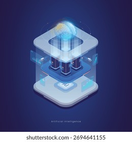 Artificial intelligence AI isometric illustration with chip, brain neural, big data or database, data processing, analytical data, diagram graphic data