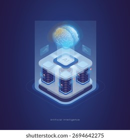 Künstliche Intelligenz KI isometrische Illustration mit Chip oder Prozessor, Gehirn neuronal, Big Data oder Datenbank, Datenverarbeitung, Rechenzentrum