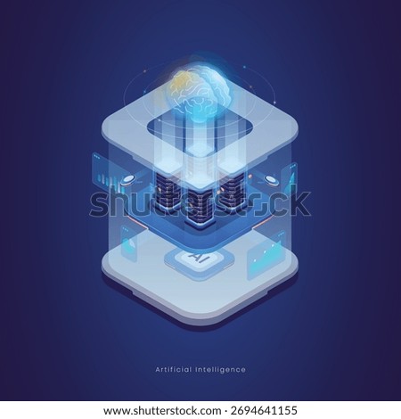 Artificial intelligence AI isometric illustration with chip, brain neural, big data or database, data processing, analytical data, diagram graphic data