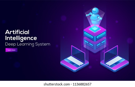 Artificial Intelligence (AI) landing design with 3D illustration of a robot on server, connected with laptop for data and technology concept.