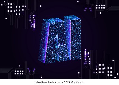 Artificial Intelligence (AI) landing page. Website template for deep learning concept. Low poly. Vector.