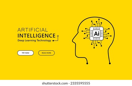 Artificial Intelligence (AI) landing page design concept, deep learning network technology on the head symbol