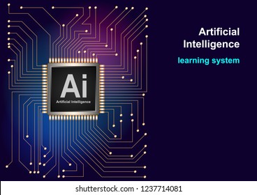 Artificial Intelligence (AI) landing system. CPU processors concept. High tech computer circuit board background. Website template for deep learning concept. Realistic 3d Vector Illustration