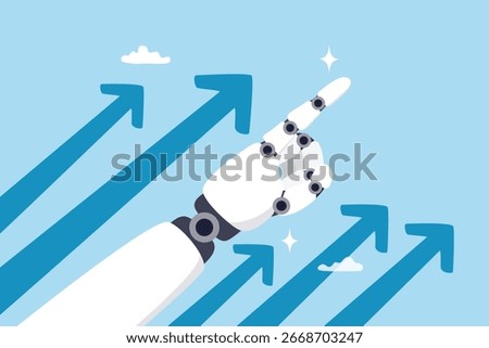 Artificial Intelligence, AI lead to success, growth or improvement, change or challenge using AI, increase skill, efficiency or innovation, robot hand pointing up with growth arrow lead the way.