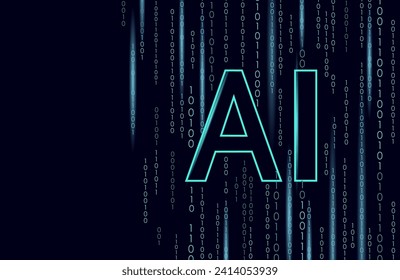 Artificial intelligence AI letters sign. Machine learning online technology concept on cloud internet big data flow binary code dark blue vector illustration