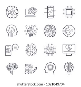 Artificial intelligence AI line icons. Robot intellect and cyborg chip mind signs. Innovation technology manufacturing and programming. Editable Stroke. EPS 10