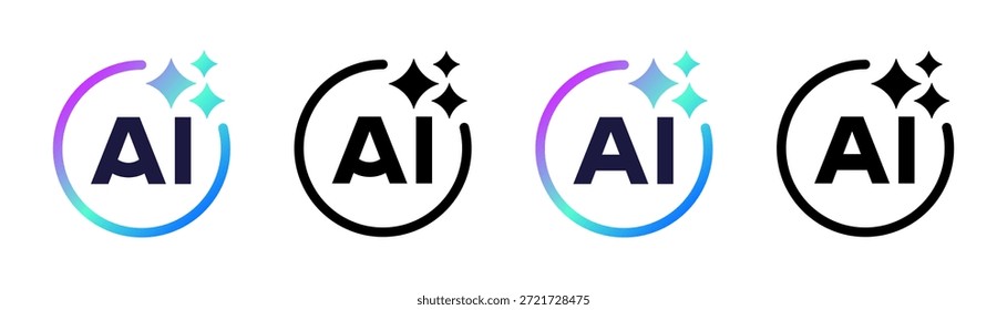 Inteligencia artificial AI logo icono colección. Sparkles y un marco circular digital para el aprendizaje automático y la tecnología inteligente. Ilustración vectorial transparente PNG