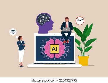 Artificial intelligence. AI, machine learning, analysis information. Digital brain with neural network on laptop screen.