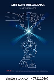 Artificial intelligence (AI) and Machine learning poster concept. Robotic hand put digital big data, neural networks and  printed circuit board into robotic's brain for deep learning. Vector outline.
